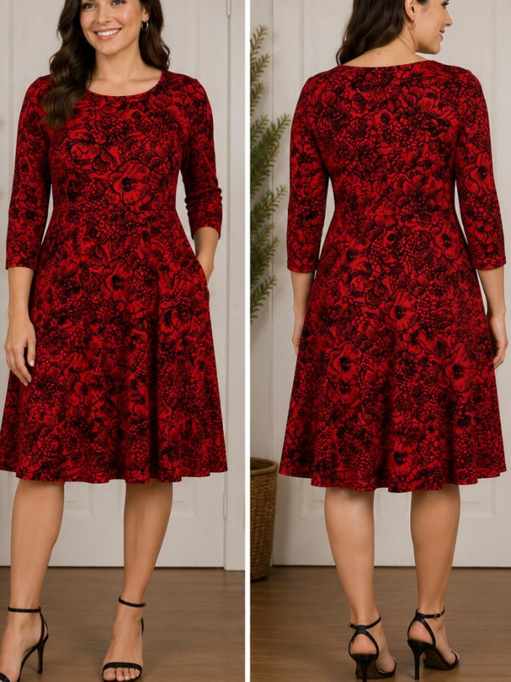 Lands' End Red Black Floral Fit Flare Dress Cottagecore Academia Valentine